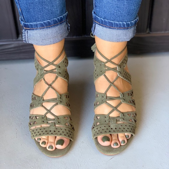 Olive Green Block Heel Ankle Tie Up Tassel Sandal - Picture 3 of 5